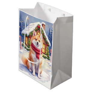 Watercolor Akita Gingerbread House Christmas  Medium Gift Bag