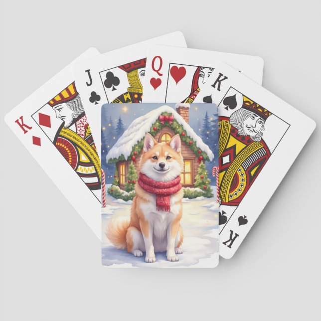 Watercolor Akita Gingerbread House Christmas  Playing Cards (Back)