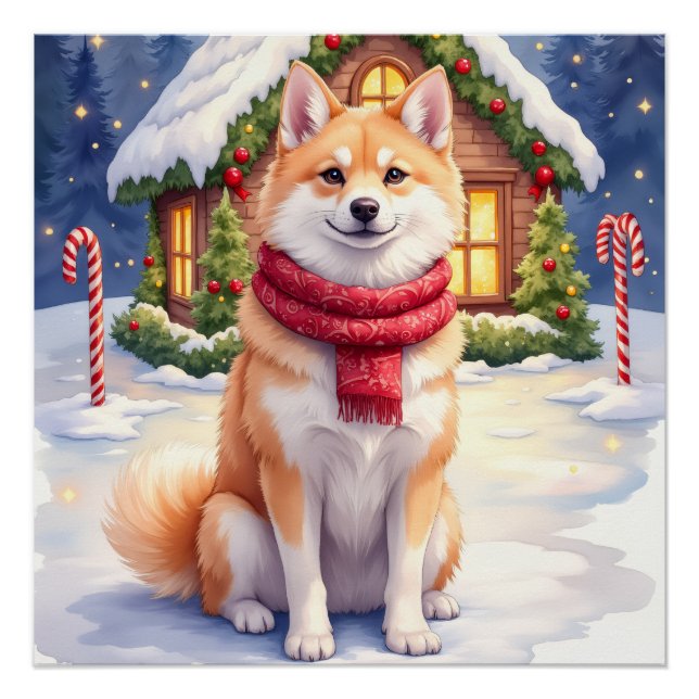 Watercolor Akita Gingerbread House Christmas  Poster (Front)