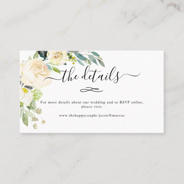 Watercolor Alabaster Flowers Wedding Details Business Card (Front)