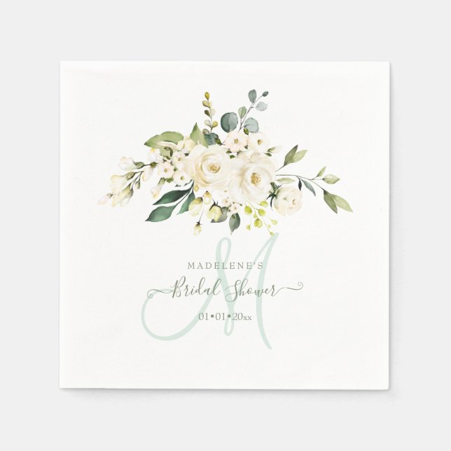Watercolor Alabaster Rose Eucalyptus Bridal Shower Napkin (Front)