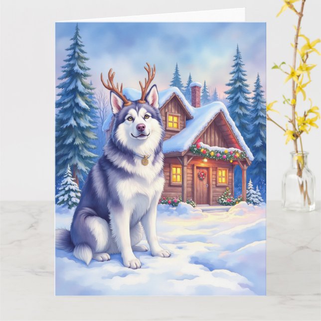Watercolor Alaskan Malamute Reindeer Christmas Card (Yellow Flower)