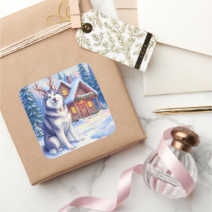 Watercolor Alaskan Malamute Reindeer Christmas Square Sticker