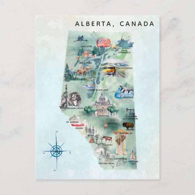 Watercolor Alberta Canada Illustrated Map Art Postcard (Front)