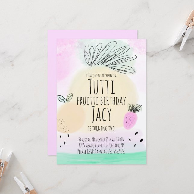 Watercolor All Birthday Fruits Hand Drawn Party Card (Front/Back In Situ)