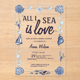 Watercolor All I Sea Is Love Blue Bridal Shower  Acrylic Invitations