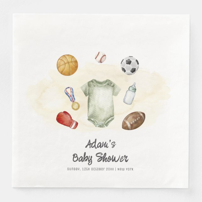 Watercolor All Star Sports bodysuit Baby Shower  Napkin (Front)