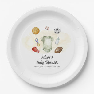 Watercolor All Star Sports bodysuit Baby Shower Paper Plate