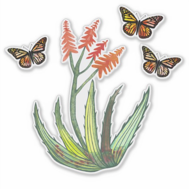 Watercolor Aloe Vera Succulent FLowers Butterflies (Front)
