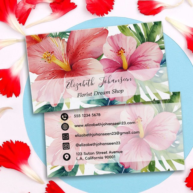 Watercolor Aloha Hawaiian Red Flowers Script Name Business Card (Creator Uploaded)