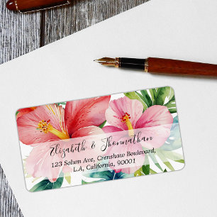 Watercolor Aloha Hawaiian Red Flowers Script Name Label