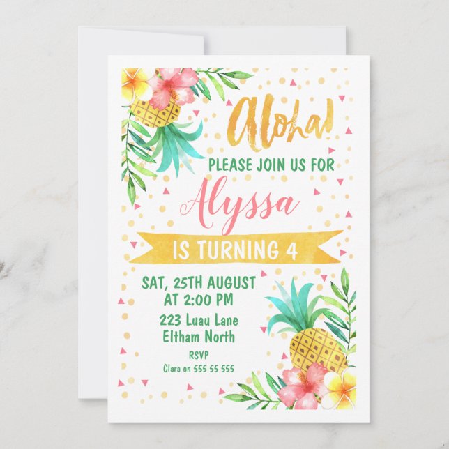Watercolor Aloha Luau Birthday Invitation (Front)