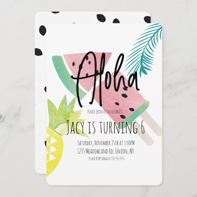 Watercolor Aloha Watermelon Pineapple Tropical Invitation (Front/Back)