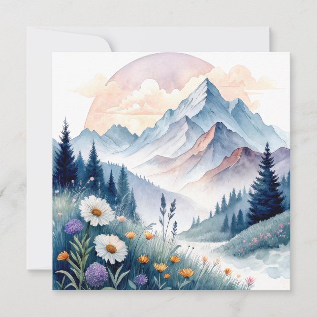 Watercolor Alpine Landscape with Wildflowers Card (Front)