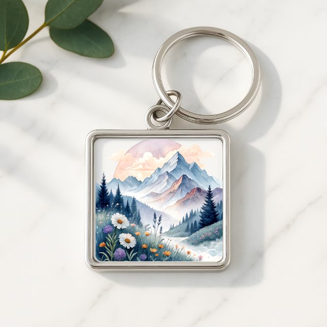 Watercolor Alpine Landscape with Wildflowers Key Ring (Creator Uploaded)