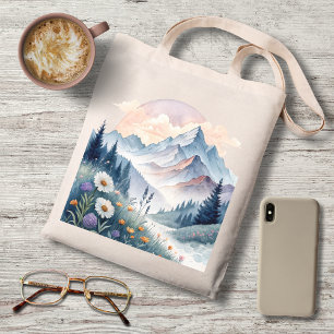 Watercolor Alpine Landscape with Wildflowers Tote Bag