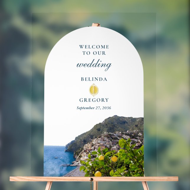 Watercolor Amalfi Coast Arch Italy Lemons Wedding Acrylic Sign (Neutral)