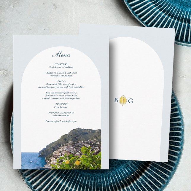 Watercolor Amalfi Coast Arch Italy Lemons Wedding Menu (Watercolor Amalfi Coast Arch Italy Lemons Wedding Menu)