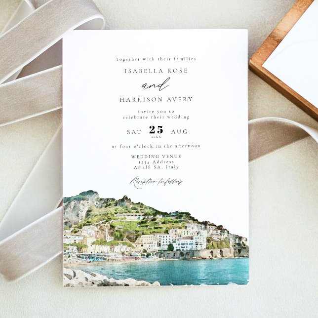 Watercolor Amalfi Coast Italy Skyline Wedding Invitation (Creator Uploaded)