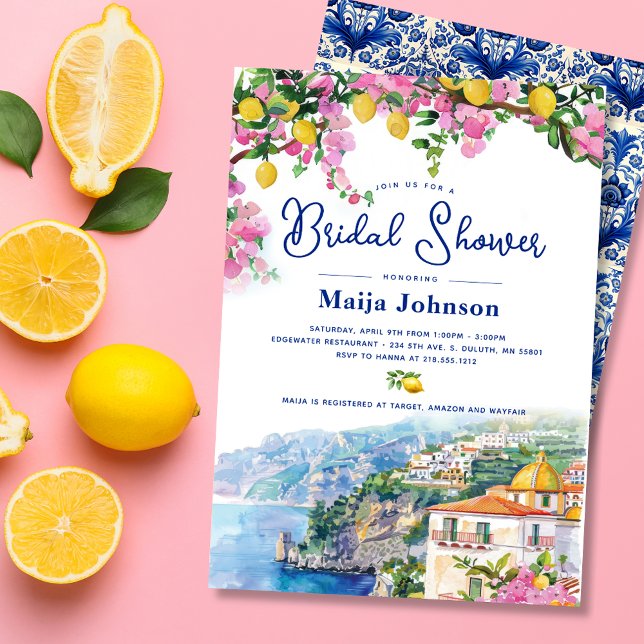 Watercolor Amalfi Coast Pink Lemons Bridal Shower Invitation (Watercolor Amalfi Coast Pink Lemons Bridal Shower Invitation)