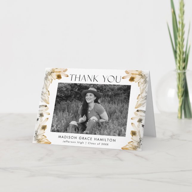 Watercolor Amber Gold Crystals Photo Graduation Thank You Card (Front)