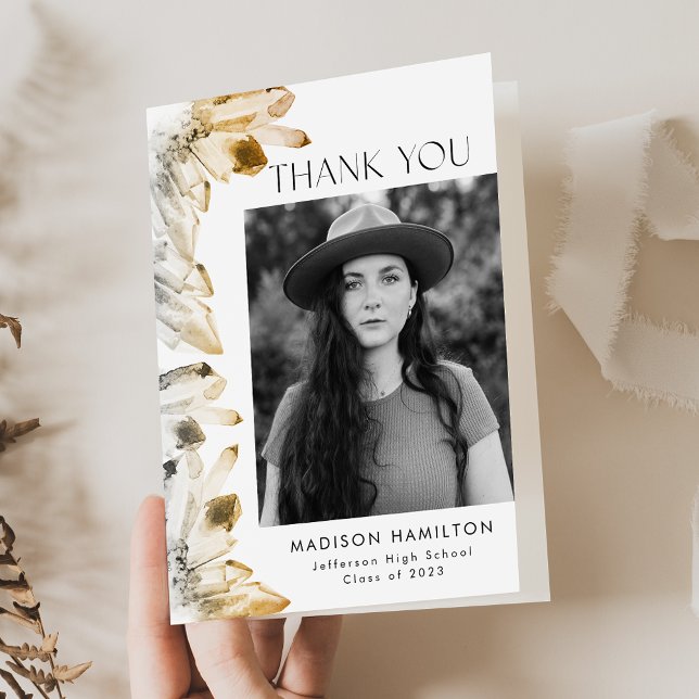 Watercolor Amber Gold Crystals Photo Graduation Thank You Card (Creator Uploaded)