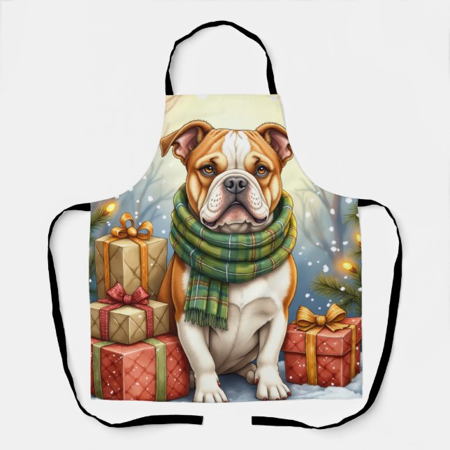 Watercolor American Bulldog Christmas Holiday Apron (Front)