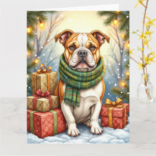 Watercolor American Bulldog Christmas Holiday Card