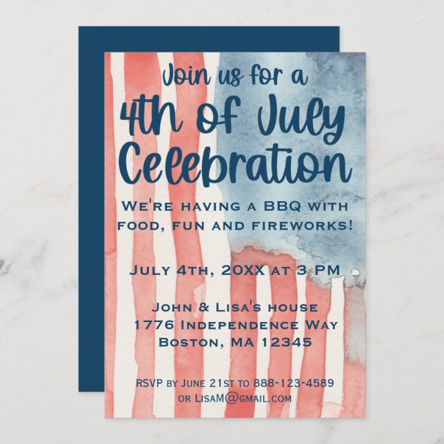 Watercolor American Flag 4th of July Party Invitation (Front/Back)