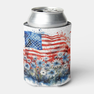 Watercolor American Flag & Flowers Can Cooler