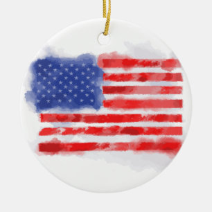 Watercolor American Flag for Veterans and Patriots Ceramic Tree Decoration
