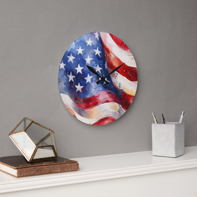 Watercolor American Flag Large Wall Clock (Office)