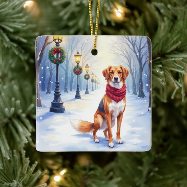 Watercolor American Foxhound Snowy Lamppost Ceramic Ornament (Tree)