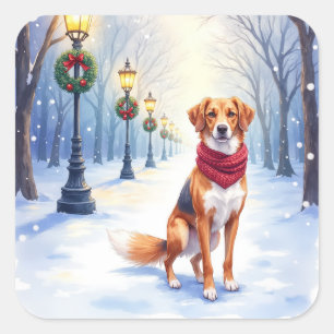 Watercolor American Foxhound Snowy Lamppost Square Sticker