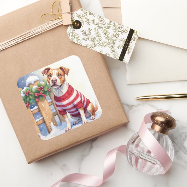 Watercolor American Pit Bull Terrier Festive Square Sticker (Gifting)