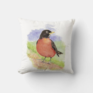 Watercolor American Robin Garden Bird Cushion