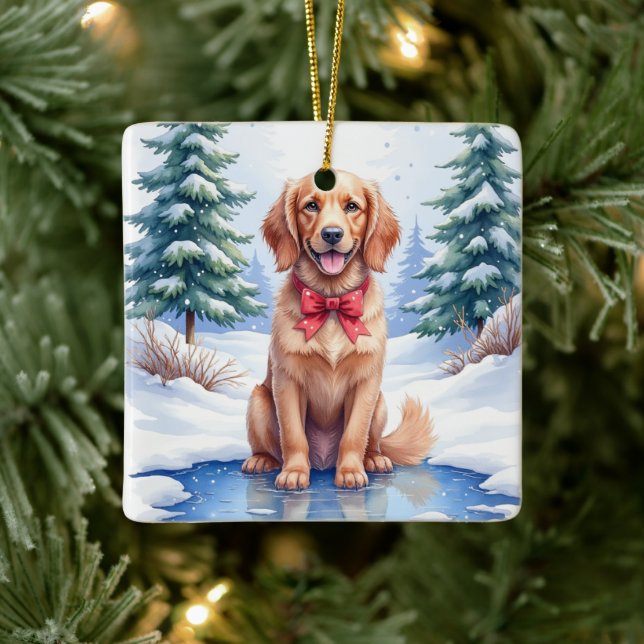 Watercolor American Water Spaniel Frozen Pond Ceramic Ornament (Tree)