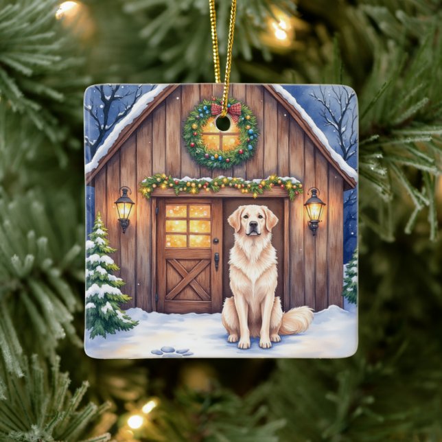 Watercolor Anatolian Shepherd Dog Rustic Barn Ceramic Ornament (Tree)