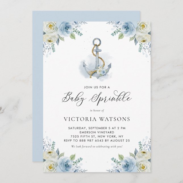 Watercolor Anchor and Blue Flowers Baby Sprinkle Invitation (Front/Back)