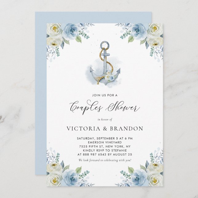 Watercolor Anchor and Blue Flowers Couples Shower Invitation (Front/Back)