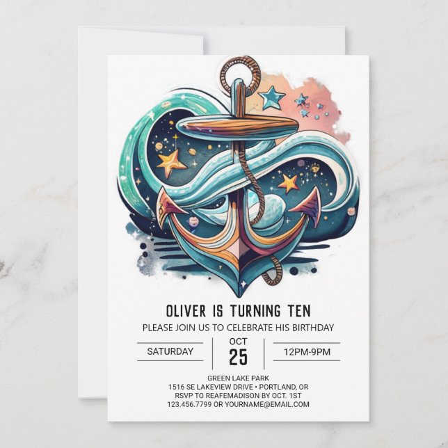 Watercolor Anchor Birthday Invitation (Front)