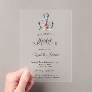 Watercolor Anchor Flowers Nautical Bridal Shower Acrylic Invitations