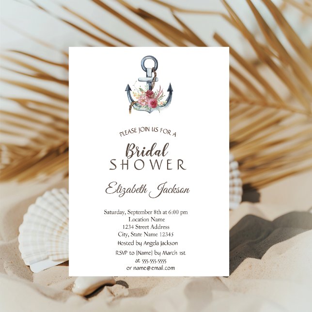 Watercolor Anchor Flowers Nautical Bridal Shower Invitation (Creator Uploaded)