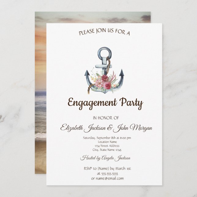 Watercolor Anchor Flowers Nautical Engagement  Invitation (Front/Back)