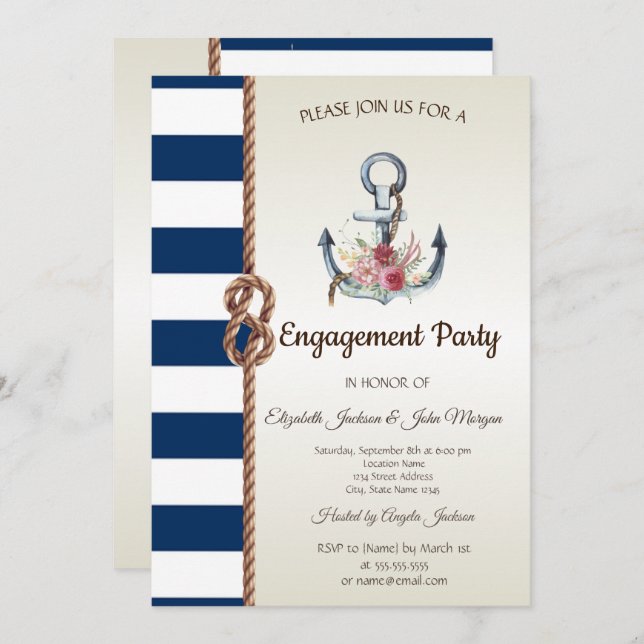 Watercolor Anchor Flowers Nautical Engagement Invitation (Front/Back)