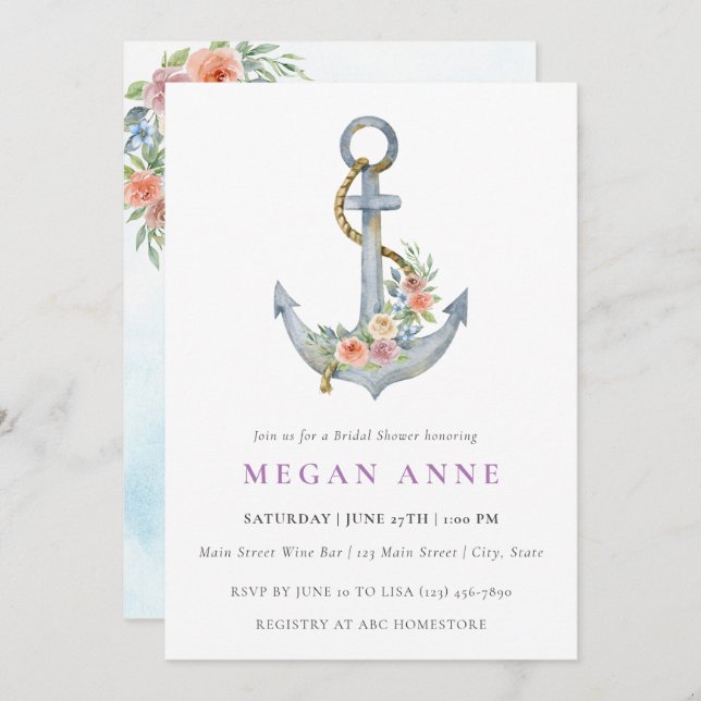 Watercolor Anchor & Flowers Wedding Shower Invite (Front/Back)
