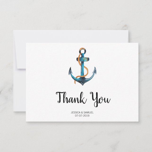 Watercolor Anchor Modern Nautical Wedding Thank You Card (Front)
