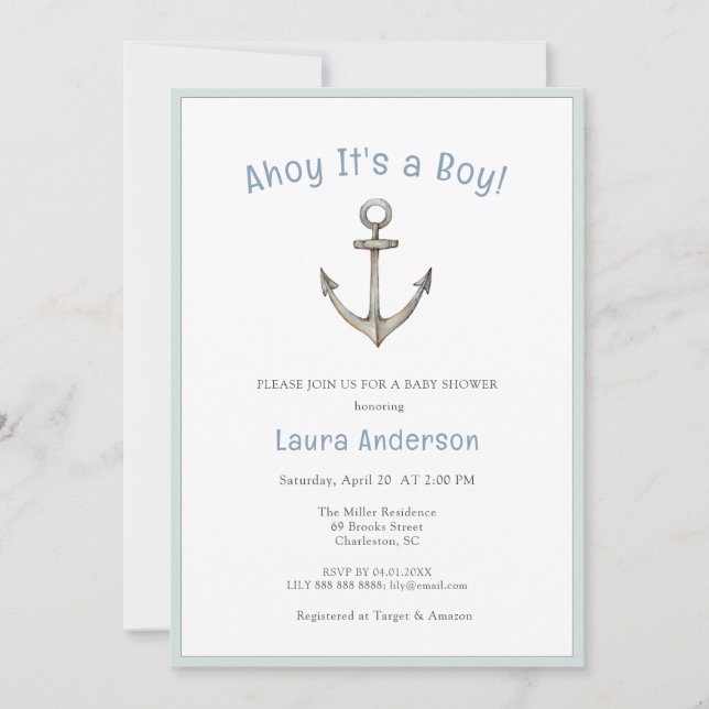 Watercolor Anchor Nautical Baby boy Baby shower  Invitation (Front)