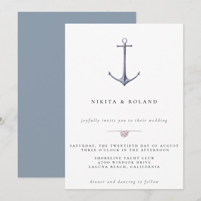 Watercolor Anchor Nautical Wedding Invitation (Front/Back)