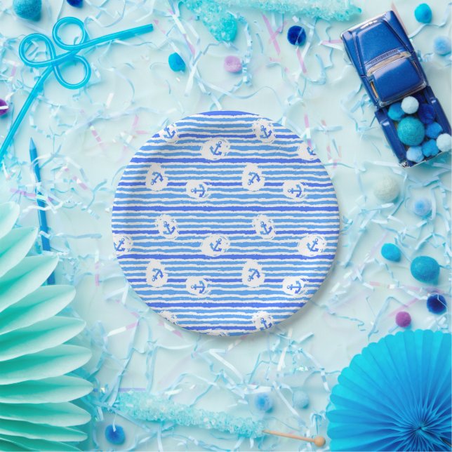 Watercolor Anchor Pattern Paper Plate (Party)
